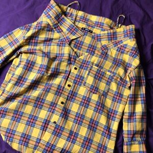 Cold shoulder Button Up Checkered Blouse.